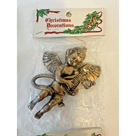 4 Vintage Christmas Ornaments Gold Cherubs Angels 4” Playing Musical Instruments - Picture 3 of 6